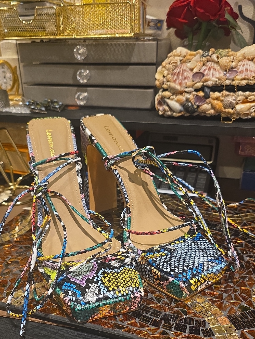 Multicolor Snakeskin Lace-Up Block Heel Mules